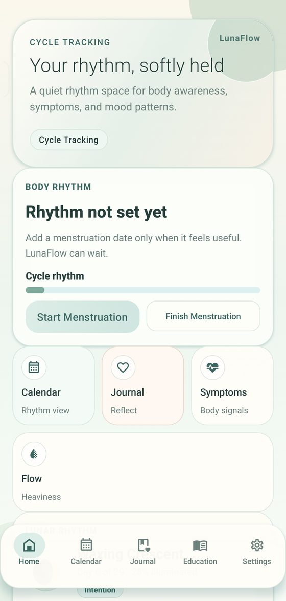 LunaFlow home dashboard — your rhythm, softly held