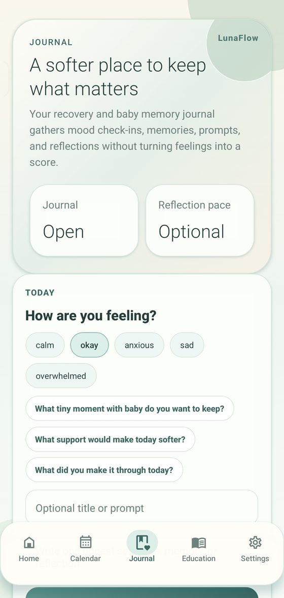 LunaFlow journal screen with optional mood check-in