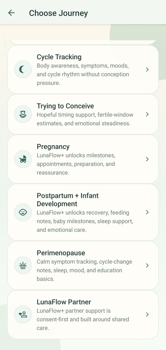 LunaFlow choose-journey screen listing life stages