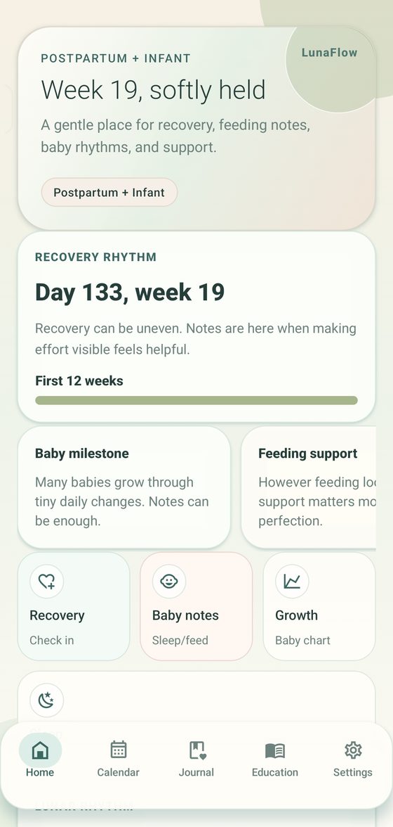 LunaFlow postpartum dashboard with recovery and baby support